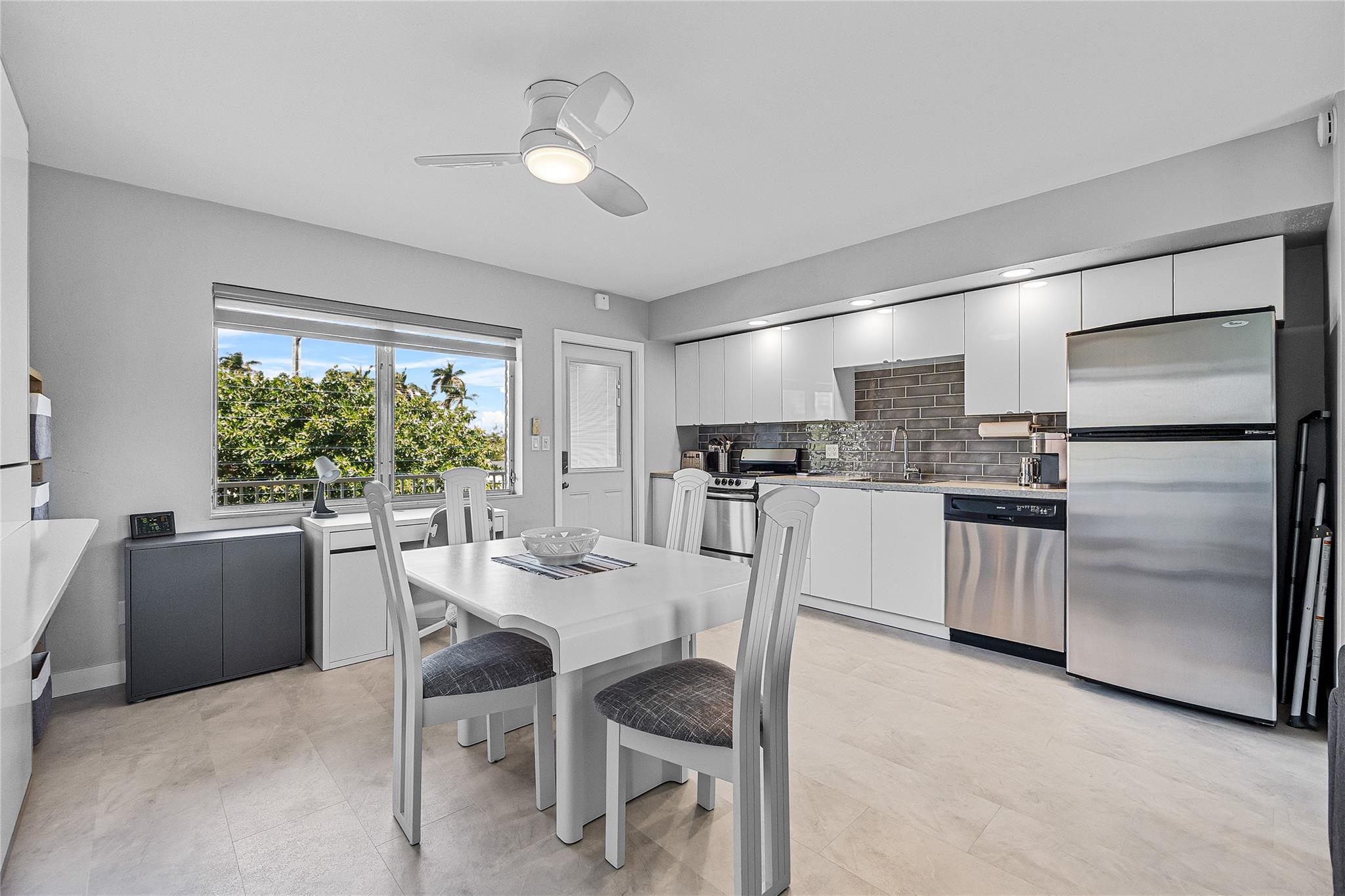 Spacious, fully updated and furnished condo in the heart of Dania Beach! This unit is one of the largest in the building and features a brand-new kitchen with sleek countertops, recessed lighting, stainless steel appliances, and split AC/heating units. Enjoy new flooring, ceiling fans, a modern bathroom, and built-in shelves in the closet. Washer and dryer in unit for added convenience. A comfortable two-level Murphy bed offers extra sleeping space for guests. Just minutes to the beach, Dania Pointe, dining, shopping, and FLL Airport—ideal for full-time living or a South Florida getaway!