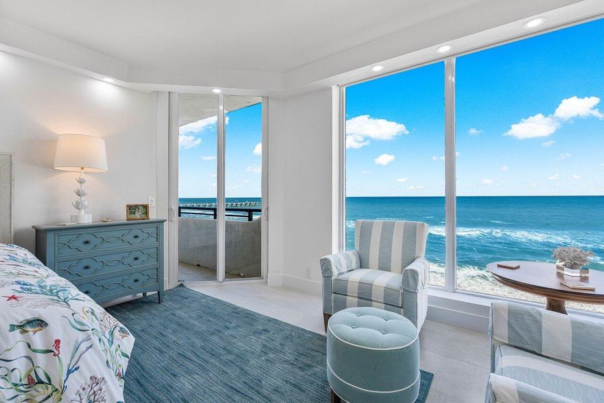 Your 2 pets are welcome at this newly Renovated Direct Oceanfront wraparound 2 Bedroom - 2.5 Bath corner residence in the exclusive Palm Beach Hampton. This light bright and airy contemporary home offers a coastal feel with open spaces & forever ocean views. Every room is beautifully detailed with porcelain tile, custom lighting & built-ins. The oceanfront master suite features floor to ceiling glass, custom closets, a stunning bath with dual sinks, marble shower & soaking tub. The guest suite has 4 custom bunk-beds that can accommodate all your children & grandchildren. The newly designed kitchen is an epicure's delight with Wolf & Subzero appliances and island seating for 6. There is a beautifully designed workplace with custom built-ins and separate powder room with elegant cabinetry & custom wall tile. This sought-after oceanfront apartment is available fully furnished and comes with a remarkable private poolside cabana with full bath, 2 garage parking spaces & additional storage locker. Bask in an ultra-luxury lifestyle only the Palm Beach Hampton can offer. Stay fit in the new fitness facility or enjoy a game of tennis or pickle-ball. Security includes 24/7 Manned Gate & Doormen, 2 Garage Spaces.