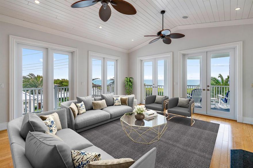 One of a kind location for this custom built, Key West style home in Juno Beach. Providing panoramic, unobstructed ocean views while defining indoor-outdoor living with multiple dedicated patio spaces. Quality finishes throughout including solid core doors, custom cabinetry, new hurricane impact windows and doors, wood flooring on main living area and tongue and groove ceilings. The owners have completed extensive updates; new AC systems, new pool heater, water heater, replaced all windows and doors, exterior/interior paint, landscaping, integrated media and sound system and security cameras. Truly a showpiece, oceanside retreat with the best location in all of Palm Beach County.