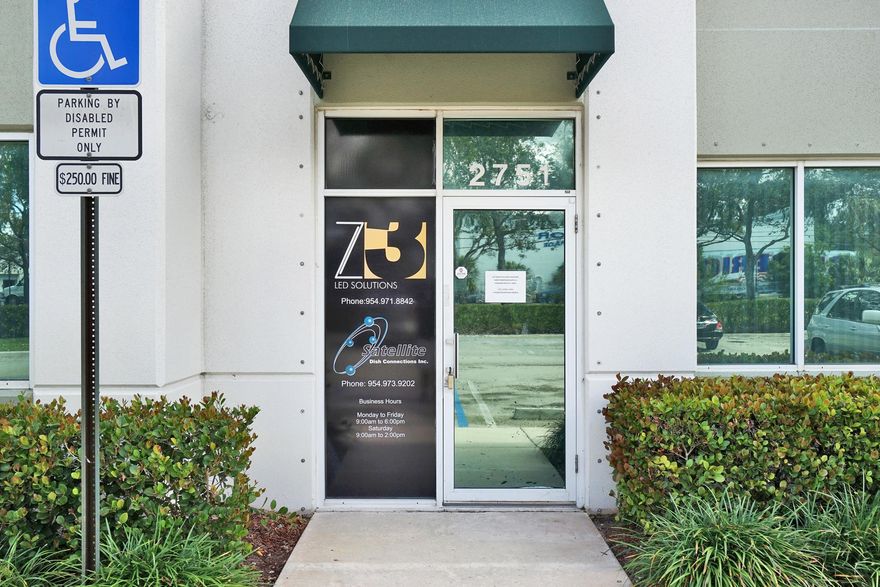 BEST PRICE...2500 SQ FT, OFFICE WAREHOUSE, 21 '' CEILINGS, Great LOCATION close to Florida Turnpike and 3 miles to I 95, business district newer
building maintained by an association has 4 offices  with door for privacy and a reception area, approximately 400 SQ FT, Has monthly Association dues of
approx., $614.00 per month paid quaterly total  Has load bearing Mezzanine approx. 500 sq ft for 2nd floor storage, 20 miles to Fort Lauderdale Airport