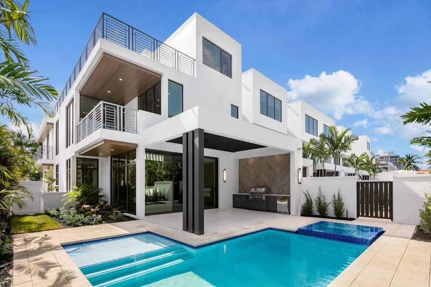 Introducing this brand-new townhouse just one block from the beach and south of East Atlantic Ave in Delray Beach. Invite the outdoors in with floor-to-ceiling sliders, open floor plan, and stunning top floor terrace. This end-unit townhouse boasts 6,200 total square feet with hardwood floors and five en suite bedrooms. Enjoy the private pool with spa; covered loggia with summer kitchen; and spacious top-floor terrace. Built to the highest standards with contemporary finishes throughout, custom lighting, and unique designer touches. Prewired for SmartHome setup; three-stop elevator; top-of-the line appliances; and two car garage plus driveway. Casuarina Delray Townhomes allows pets and leasing with restrictions. Enjoy this new townhouse year-round or for exciting South Florida getaways.