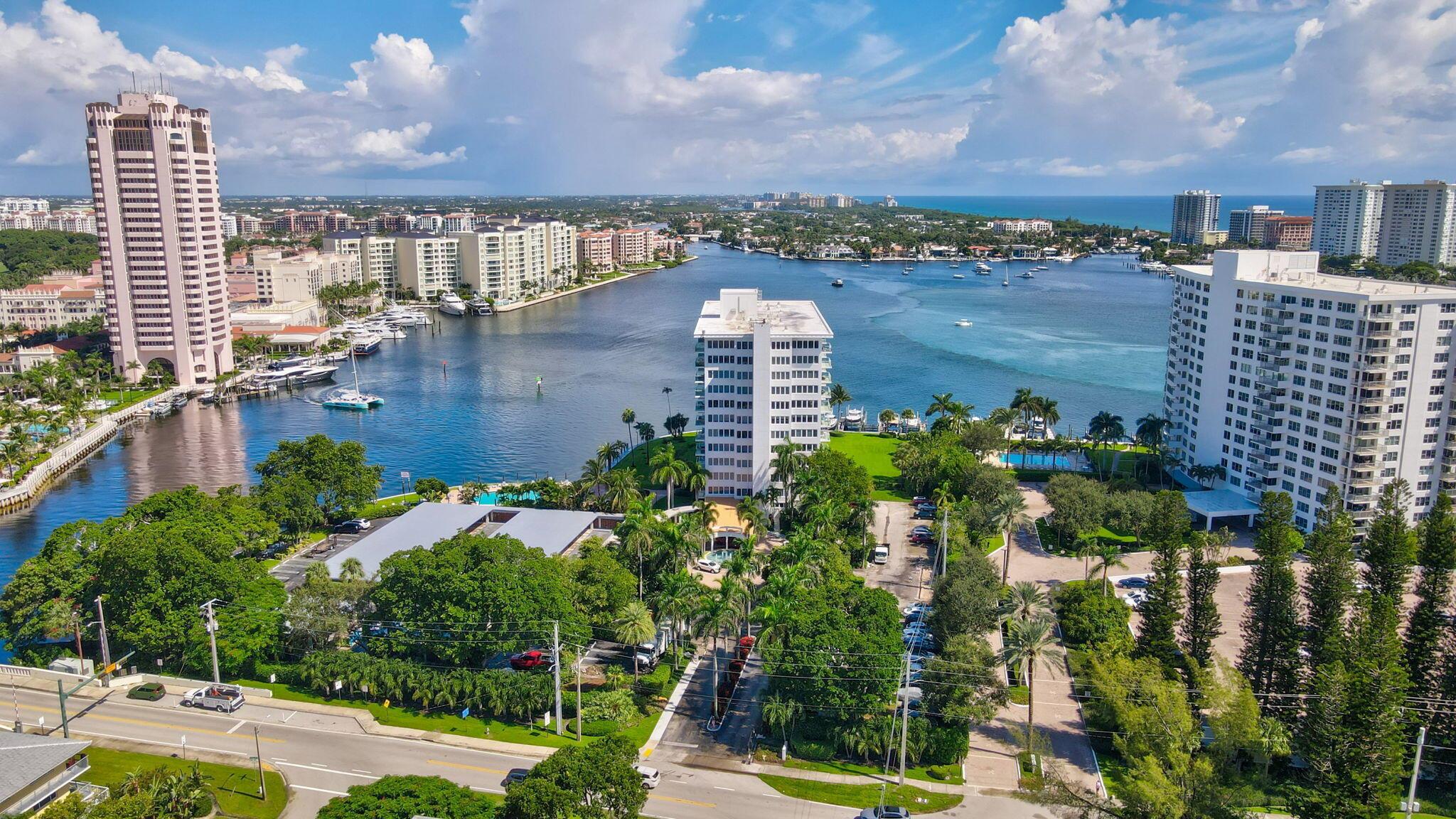 Boca Inlet - Iconic Waterfront Living.Residence 8F is a rare high-floor corner apartment in one of Boca Raton's most iconic buildings. This 2-bedroom, 2-bath home offers sweeping southwest views of Lake Boca, the Intracoastal, The Boca Raton resort, and the Atlantic Ocean. Bright and spacious, the residence features open living and dining areas filled with natural light. Boca Inlet has recently completed extensive renovations, including a redesigned lobby, updated hallways, and a grand fountain entry. Amenities include a waterfront pool, community room, two barbecue areas, covered parking, and on-site management, with boat slips available when offered. Ideally located near The Boca Raton Resort and Beach Club, South Inlet Park, Mizner Park, and Royal Palm Plaza.