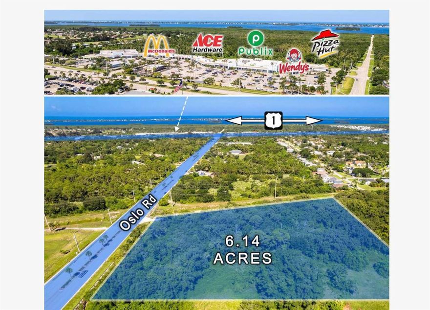Positioned directly along Oslo Road. A soon to be a major east-west corridor with an I-95 interchange under active construction. This 6.14-acre site offers a strategic opportunity for commercial or mixed-use development in one of Indian River County's most rapidly evolving submarkets.Zoned General Commercial (CG), the property permits a wide range of retail, service, office, and potentially residential multi-family uses under the Live Local Act. The site is strategically located between two established commercial nodes, ensuring strong visibility, traffic flow, and long-term demand drivers as regional access improves.This is a rare chance to control a sizable commercial land position ahead of full interchange completion.