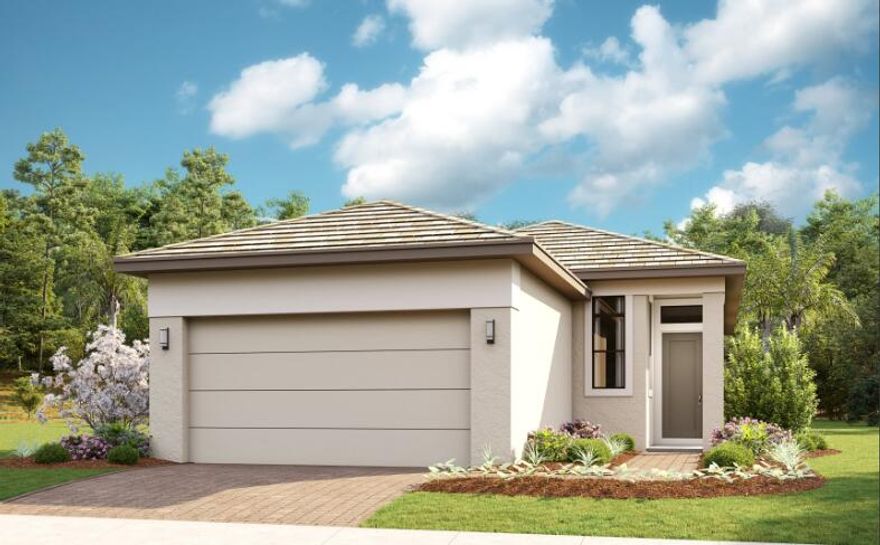 This beautiful move-in ready home is located at Rivella in Port St. Lucie.  This 2 bedroom, 2 bath home has a stunning preserve view with privacy in the back.  Includes 2 car garage, frameless shower enclosure in bathroom, impact windows, recessed lighting and quartz countertops throughout the kitchen.