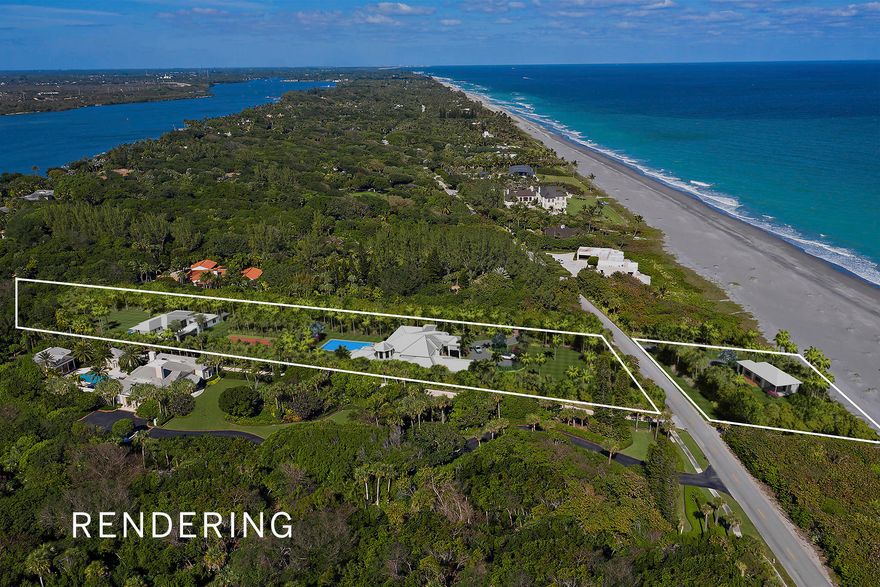 A BRAND NEW LOOK!  THIS 3.4 ACRE LOT, WITH 172 FT OF DIRECT OCEAN FRONTAGE, HAS  RECENTLY BEEN RE-SURVEYED.  THE COASTAL CONSTRUCTION LINE NOW ALLOWS FOR CONSTRUCTION OF A BEACH HOUSE ON THE OCEAN SIDE OF THE ROAD.  BUILD YOUR CUSTOM HOME ESTATE ON 2+ WOODED ACRES ON THE WEST SIDE OF BEACH RD AND ENJOY SPECTACULAR VIEWS OF THE OCEAN TO THE EAST AND INTRACOASTAL TO THE WEST.
THE ABOVE PHOTO/RENDERING ILLUSTRATES THE SIZE OF THE PROPERTY WITH A 10,000 SF HOME, GUEST HOUSE,POOL, TENNIS COURT, AND BEACH HOUSE.