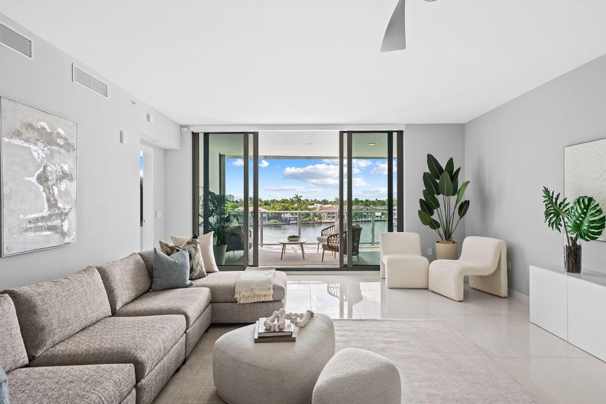 PRIVATE 53-FT DOCK FOR A LARGE YACHT, PRIVATE POOLSIDE/INTRACOASTAL CABANA AND 819-SF OF PRIVATE EAST & WEST TERRACES COMPLETED WITH A FULL OUTDOOR KITCHEN. Waterfront Luxury Residence in a boutique building set on the widest stretch of the Intracoastal Waterway. Enjoy panoramic views and the Daily Boat parade from this 3-BR + DEN, 3.5-BA residence offering 2,759 SF of interior. Other features: High-end finishes throughout, Gaggenau appliances, Gas cooking & Scavolini Italian cabinetry. Resort style amenities to include an Intracoastal-level sunset pool, and Rooftop pool with sensational ocean views. Steven G-designed lobby, State-of-the-art fitness center, Club room, BBQ area, 24Hr concierge & pet area. Just steps from Fine dining & nightlife. Parks & Shopping and Pristine sandy beaches.