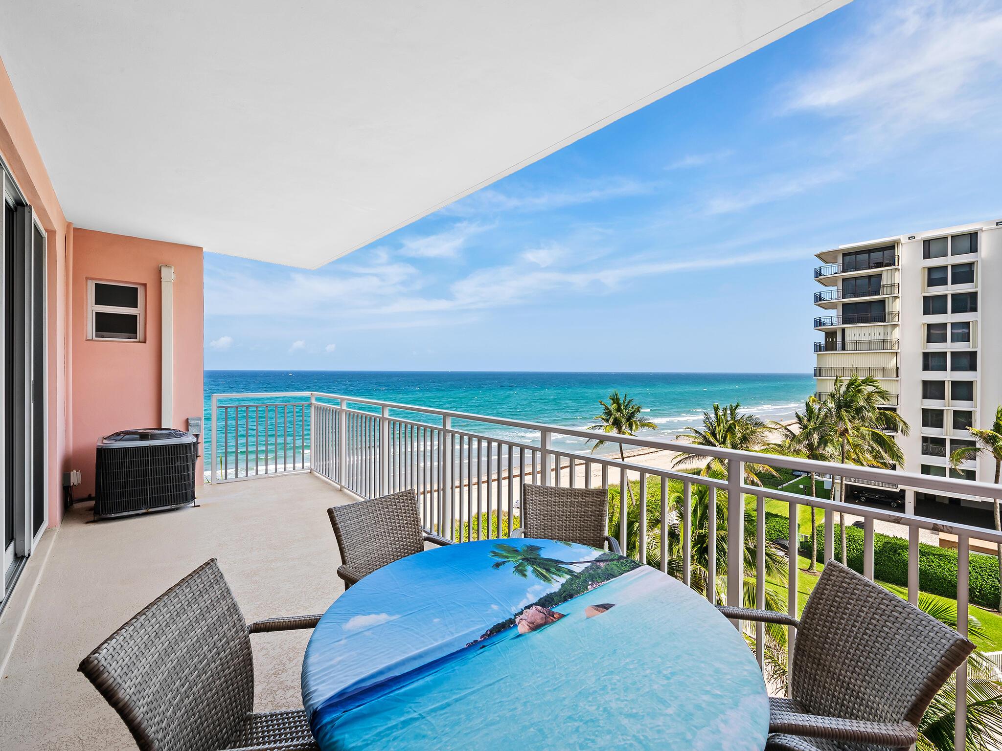 Experience amazing ocean views from this beautiful 2-bedroom, 2-bathroom corner unit in an oceanfront building! Enjoy the scenery from the high-ceiling living and dining area. A large private balcony offers the perfect space to relax or entertain while enjoying the sea breeze. This fully furnished condo features spacious bedrooms with incredible direct ocean views! The bathrooms are designed for comfort, including walk-in showers and a jacuzzi tub. Ideally located between upscale Boca Raton and vibrant Delray Beach.