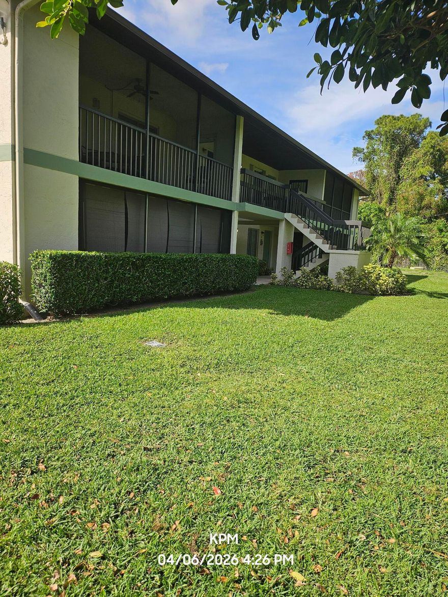 Bottom corner unit. Open front living space with pleasant views of natural and scenic foliage. Quiet location away from the parking lot and street noise. Relax on the front enclosed porch area.  Roof replaced in 2021. Storm shutters complete. Community pool with grills and park area. Social club house available to rent for private outings. Located in the heart of Jupiter. Close to area shopping, I95, and local hospital. Florida living at an affordable price!
