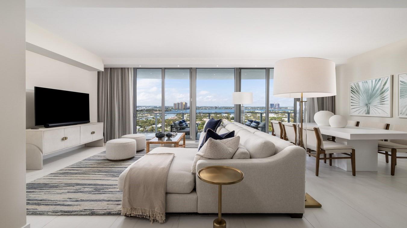Beautifuly furnished Luxury waterfront living at Amrit Ocean Resort & Residences, newly developed beachfront property on Singer Island in the Palm Beaches. Residence boasts floor-to-ceiling glass doors,10ft ceilings, 2 BR, 2 baths, contemporary fixtures & finishes, custom European kitchen. En-suit features double sink vanity, imported flooring, quartz stone countertops, custom European cabinets & soaking tub. Two walk-in closet & full-sized laundry. Daily tranquility watching the sun set from the spacious balcony w/breathtaking intracoastal views. Condo provides unmatched residential experience perfect for enjoying a wide array of amenities & services, including 2 gyms, yoga terrace, 4 on site restaurants, full beach & pool service.