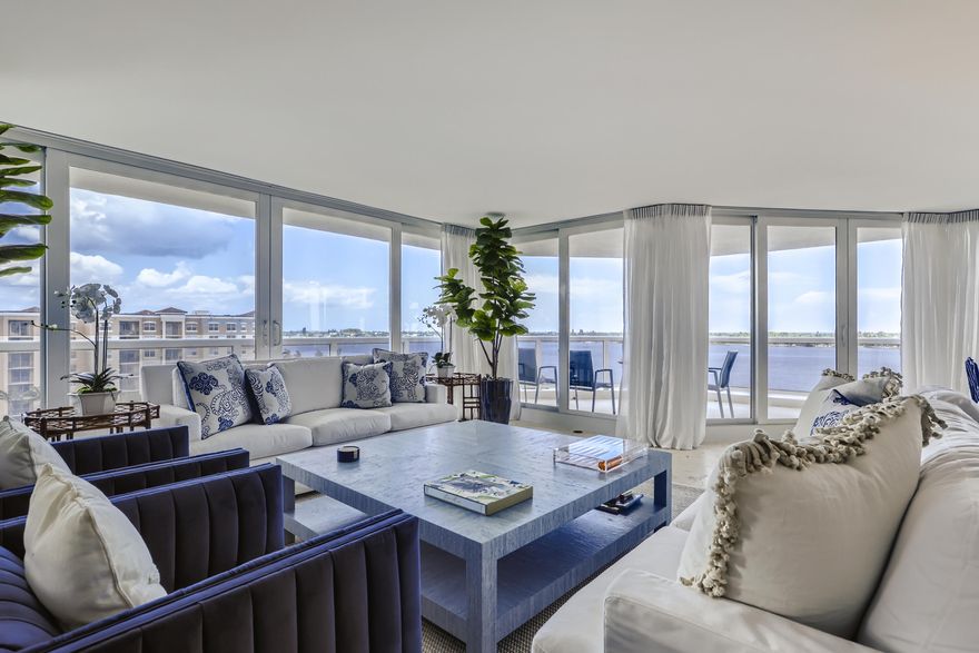 Now available for annual lease! Beautifully furnished direct East facing corner unit at Villa Del Lago with sweeping views of the Intracoastal, Palm Beach island and the ocean beyond. Full service luxury building with only two units per floor. Amenities include two pools, fitness center, 24hr attended lobby, dog run and grilling area. Two car garage parking with in-unit laundry and utilities included.