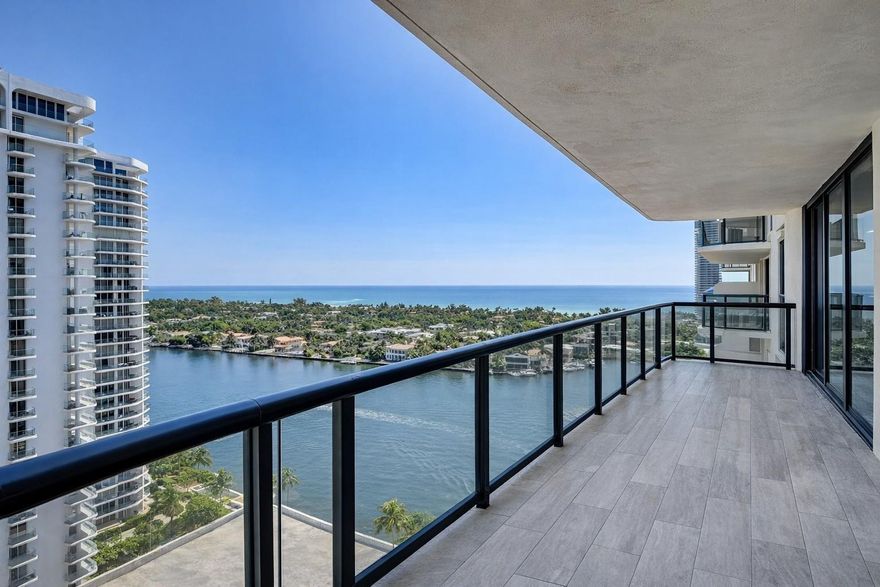Rarely available 4-bed/3.5-bath Gramercy unit in Turnberry Isle South. 3,426 SqFt of wide-open ocean, Intracoastal, and skyline views. This high-floor corner unit is filled with natural light and features a large wraparound terrace that extends the living space outdoors. Renovated with wood-look porcelain flooring, updated spa-style bathrooms, and a modern eat-in kitchen with quartz counters, custom cabinetry, premium appliances, and wine fridge. Excellent split floor plan with a spacious primary suite, generous closets, and a full laundry room with in-unit washer and dryer. Full-service building with resort-style amenities in the heart of Aventura near the beach, Aventura Mall, golf, dining, and houses of worship.