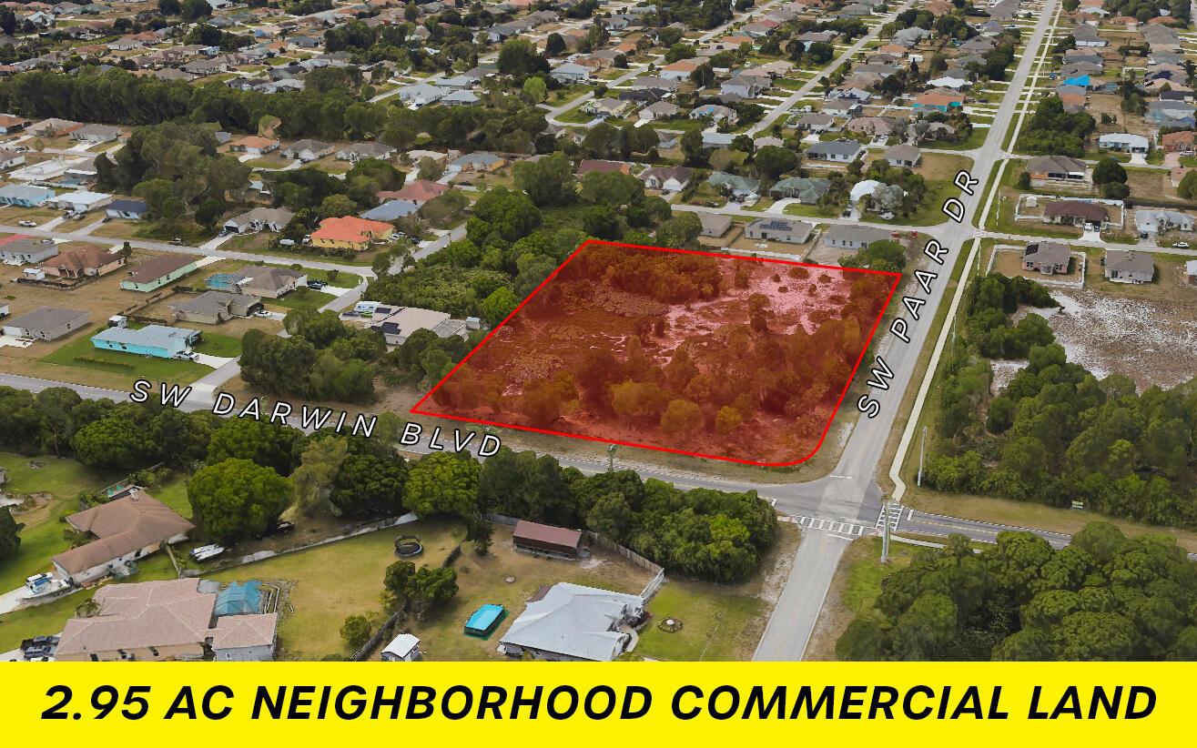 Generously sized commercial land located on the corner of SW Paar Dr. and SW Darwin Blvd. in Port St. Lucie, FL.Site is currently zoned for neighborhood commercial purposes which include select retail, restaurant, and office use.Centrally located within a heavy residential area; with quick access to Port St. Lucie Blvd, and less than 10 minutes away from both Florida's Turnpike and I-95.Completed improvements to the area include the addition of a sidewalk from Paar Drive to SW Darwin Blvd.