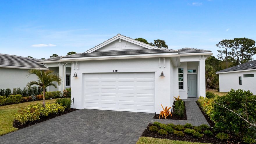 One of the final opportunities to own a Beverly model in Rivella! This east facing Beverly homes featuring 2 bedrooms plus flex space, sits on a premium pie shaped homes site with extra space in between the homes for added privacy. The coastal elevation welcomes you into a bright, open layout with wood-look tile throughout the entire home. The gourmet kitchen showcases white cabinetry, quartz countertops, quartz backsplash, and a built-in microwave/oven wall combo. Upgrades include a 4' extension in both the dining area and owner's suite, creating additiona space in the owner's suite while overlooking a private preserve view. Rivella is walking distance from the up and coming port district and Saints Golf Course, and just  to Downtown Jensen, Downtown Stuart, and beaches.