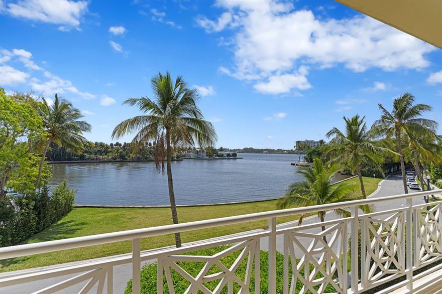 Love the size and scale of this impressive custom renovated 3 Bedroom, 3.1 Bath coop, which offers expansive direct Intracoastal water views. This gracious and beautifully proportioned 2,762 SF luxurious apartment has a living room, den\media room, dining area with bar, custom wood paneled office and chef's kitchen, all with high ceilings. Hurricane impact windows with electric shades, Lutron lighting and sound system throughout. Completely turnkey as it comes furnished down to the linens and a total of 9 televisions; one in every room. An elevator takes you directly to the apartment for privacy. The Villas is a full service, White Glove Building with a new fully equipped gym. One small pet allowed. One covered parking space. Enjoy living on the QUIET end of world famous Worth Ave!