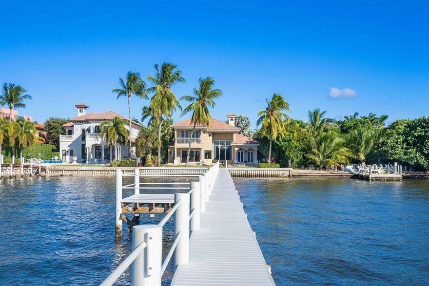 DIRECT WATERFRONT W/PRIVATE DOCK & LIFT- Ocean access & wide water views. 5-bedroom home nestled on a private street in excellent proximity to Palm Beach Island. Close to beach, restaurants, shops, 5-Star hotel spa & tennis courts available to the public. 26,000 lbs. boat lift complete with water & electric, 3-car garage, large loggia w/summer kitchen and balcony for outdoor relaxation & entertainment, phenomenal views, heigh ceilings & doors throughout, first floor large VIP suite.