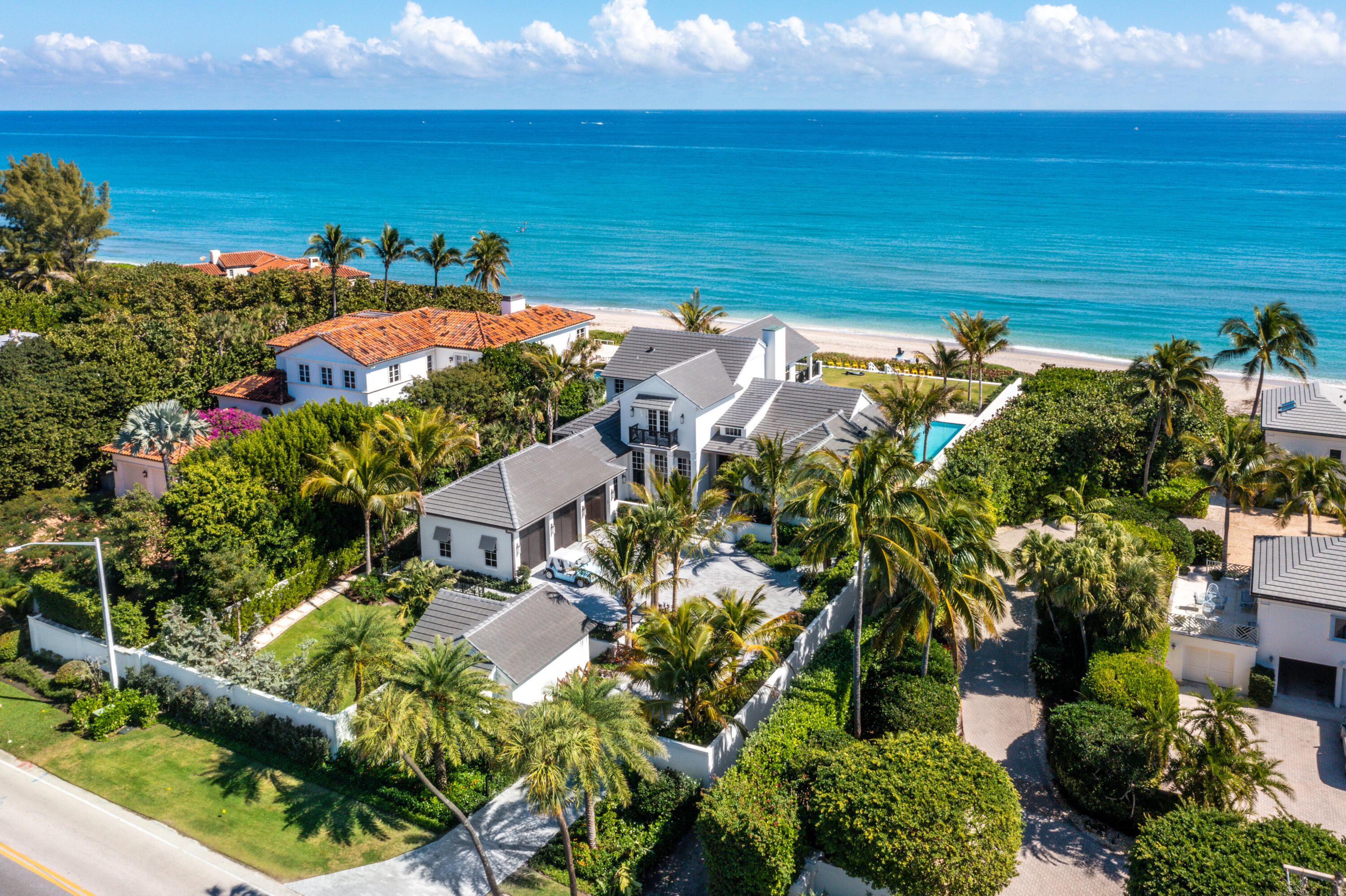 Architectural Masterpiece. This elegant estate, just completed in 2021 with 110 feet of frontage on the Atlantic Ocean, is situated on over 3/4 of an acre of immaculately landscaped beachfront property, offering unparalleled beauty and privacy. This masterfully crafted, beachfront Bermuda-style home, built 17 ft. above sea level and designed by world-renowned Architect, Randall Stofft, has stunning panoramic ocean views and breathtaking sunrises.With unsurpassed attention to detail, this gated, private estate has a five-bedroom, six-and-a-half-bath main house plus a one-bedroom, one-bath guest house. The main house includes a gym and a three-car garage. This beautiful estate is nestled in the exclusive coastal Town of Gulf Stream, conveniently located between Palm Beach and Delray Beach;