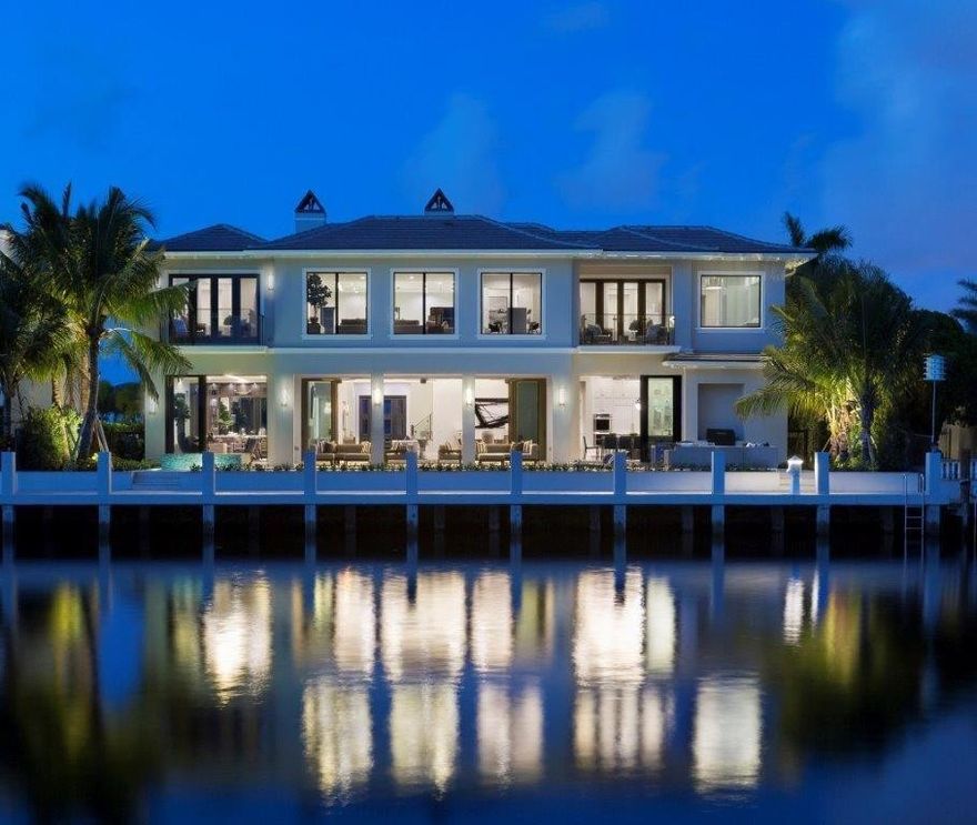 "New" Streamline Georgian deepwater estate with a chic modern flair on 90+/- feet of water frontage by prestigious Frankel Estate Homes. Impressive light and water filled views from all major rooms. Outdoor entertaining is enjoyed at the expansive loggia, grilling station and resort-like 60ft pool with spa and sun shelf entry. Yacht dockage just off the ICWW and minutes to the Hillsboro Inlet. Shown by appt. only