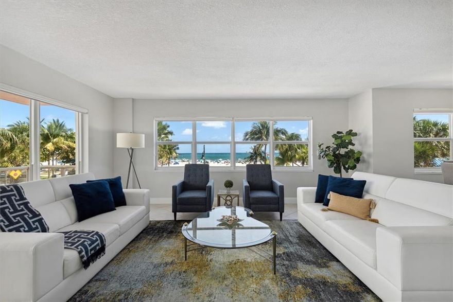 Live your luxury beach lifestyle in this 3 bedroom, 2.5 bathroom corner condo home. Enjoy direct views of the beautiful Pompano Beach and sparkling Atlantic Ocean! The rarely available layout welcomes you with a bright, open floor plan. Numerous windows allow unobstructed views of the beach, while the updated unit provides a comfortable retreat with many features, including in-unit washer and dryer, stainless steel kitchen appliances and tile flooring throughout. Outside, enjoy the warm sun and cool beach breeze on the nicely-sized balcony. There is also a fitness center and pool with a large sundeck for you to enjoy. Restaurants and shopping are conveniently located within walking distance. This building has successfully passed its 40-year inspection.