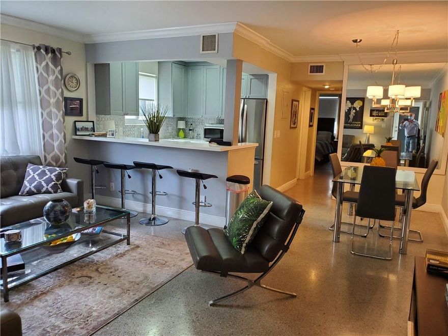 Beautifully renovated furnished 3-6 month rental in perfect Central Beach location walking distance to the beach, hotels, restaurants and so much more. Apartment features beautiful open kitchen with ss appliances and quartz countertops, gorgeous terrazzo floors, renovated bathroom and double exposure with tons of natural light. Stroll just steps to the heated pool, lushly landscaped grounds and community BBQ. All utilities are included...hurry won't last long!  Available starting May 15th. Sorry no pets.