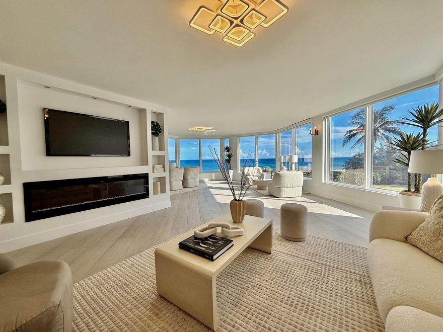 Oceanfront and turn key, the true definition of South Florida living. Wake up to the sound of the surf and the shimmer of the Atlantic from every room. This renovated two story home lives like a beach house without the maintenance. Floor to ceiling impact glass fills the home with light while quieting everything but the waves. No long hallways or elevator waits here, just easy access to the sand and sea. Custom finishes and glass lined spaces frame endless views. In one of Highland Beach's most desirable enclaves, this boutique 36 residence community offers a heated saltwater pool, sundeck, BBQ area, and private Intracoastal park. Garage parking and storage included. Pet friendly with no assessments, funded reserves, and milestone complete.