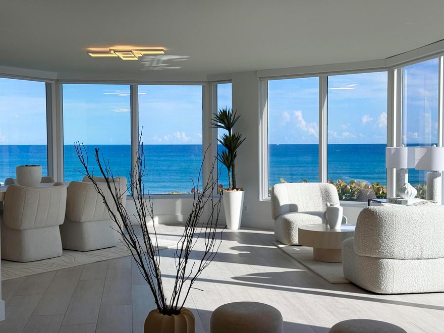 Oceanfront and turn key, the true definition of South Florida living. Wake up to the sound of the surf and the shimmer of the Atlantic from every room. This renovated two story home lives like a beach house without the maintenance. Floor to ceiling impact glass fills the home with light while quieting everything but the waves. No long hallways or elevator waits here, just easy access to the sand and sea. Custom finishes and glass lined spaces frame endless views. In one of Highland Beach's most desirable enclaves, this boutique 36 residence community offers a heated saltwater pool, sundeck, BBQ area, and private Intracoastal park. Garage parking and storage included. Pet friendly with no assessments, funded reserves, and milestone complete.
