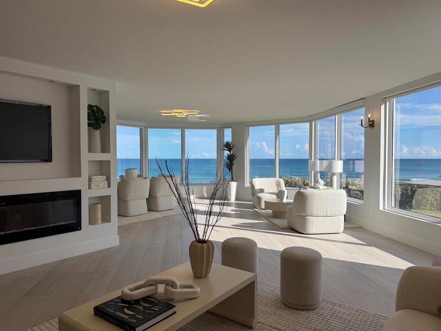 Oceanfront and turn key, the true definition of South Florida living. Wake up to the sound of the surf and the shimmer of the Atlantic from every room. This renovated two story home lives like a beach house without the maintenance. Floor to ceiling impact glass fills the home with light while quieting everything but the waves. No long hallways or elevator waits here, just easy access to the sand and sea. Custom finishes and glass lined spaces frame endless views. In one of Highland Beach's most desirable enclaves, this boutique 36 residence community offers a heated saltwater pool, sundeck, BBQ area, and private Intracoastal park. Garage parking and storage included. Pet friendly with no assessments, funded reserves, and milestone complete.