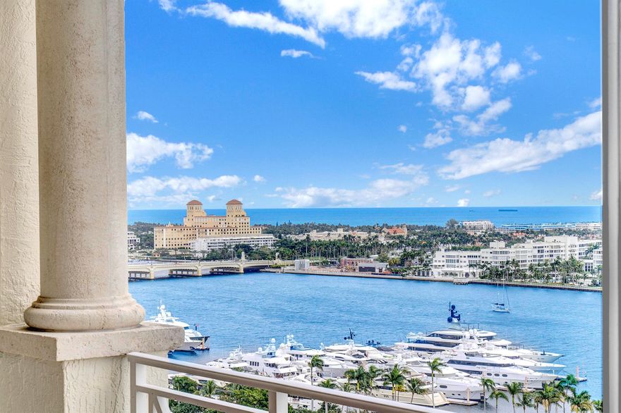 Stunning views of the ocean, intracoastal and Palm Beach Island from this 15th floor condo in the heart of downtown. Elevator opens directly into the unit. Kitchen, Living Area, Primary Suite and rare Bonus Den all have staggering water views to the east, north and south. Primary has dual exposure to the east and south, dual walk-in closets with built-ins. Middle of the unit includes dining room, extra den, full hall bath and laundry. Guest bedroom with en-suite bath and balcony facing west round out this spacious floor-through unit. Building features rooftop pool, club room, gym, yoga studio, valet, garage parking and 24-hr lobby attendant. Fresh lobby renovation and full facade repaint - Esplanade Grande is an incredibly well-run, full concierge building.