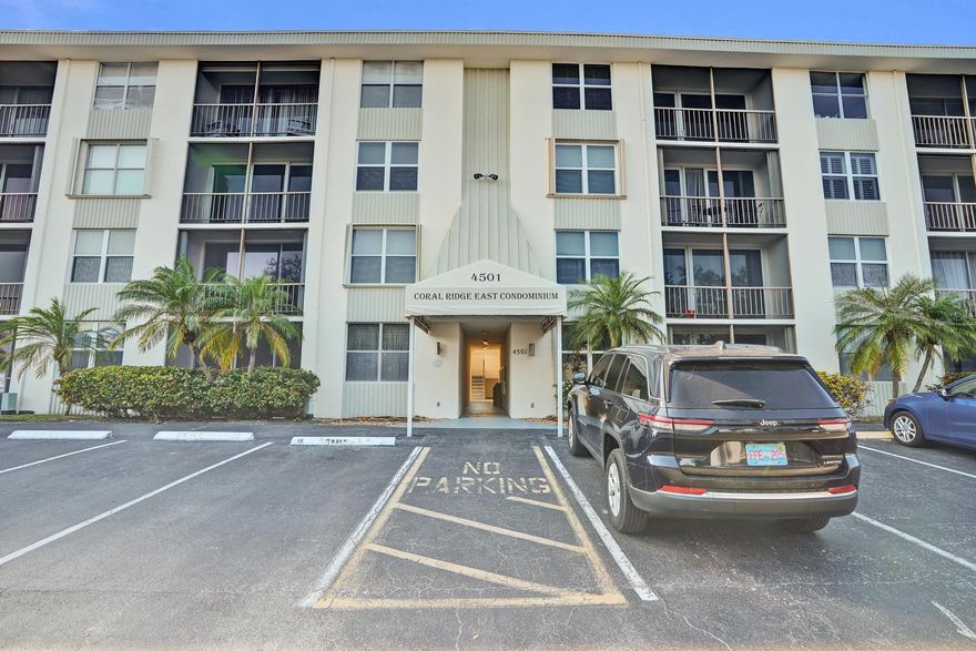 Great location in desirable Coral Ridge.  Least expensive 2/2 unit East of US1-- spotless and ready for move in.  Well maintained building--Maintenance includes cable/wifi!  Laundry on same floor, close by.  2 Elevators.  Quiet and private.  Close to restaurants, shops, Lauderdale-by-the-Sea and beach.  Roof from 2018, concrete restoration, exterior paint and 50 yr inspection complete.  OK TO Lease 1st year.  Pet friendly-- 2 pets <15# each. Accordian shutters.