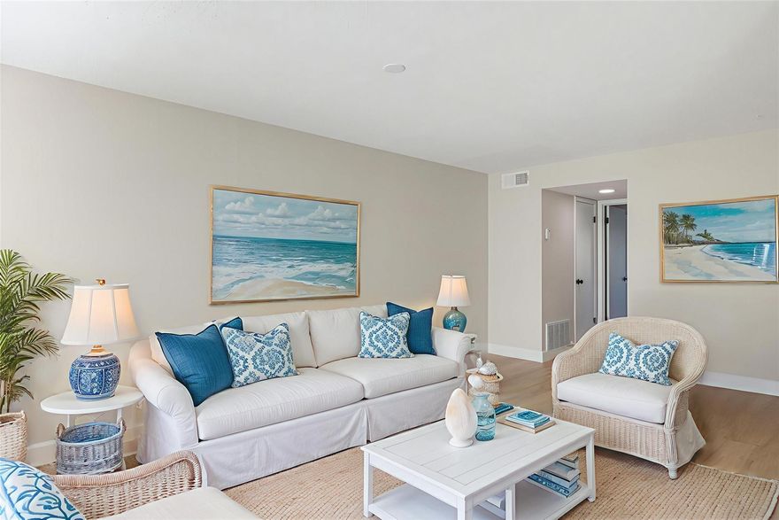Bright and spacious first floor condominium in Vista Gardens, a beautiful and vibrant 55+ community. Completely renovated first floor 1 bedroom and one and a half bath with new vinyl flooring and 5 inch baseboards throughout. In-unit full size washer and dryer! Freshly painted interior with high-end scrubbable paint, new vanities, light fixtures, toilets and mirrors in the baths. New faucets, hardware, vents and switches throughout. Updated kitchen with SS appliances. 2021 A/C and 2020 full size water heater. Great views and just steps to the clubhouse! Roof from 2025 and paid in full. Mangrove Sands Golf Club runs through the property and offers a team of PGA-certified professionals. Just minutes to Vero's gorgeous beaches.