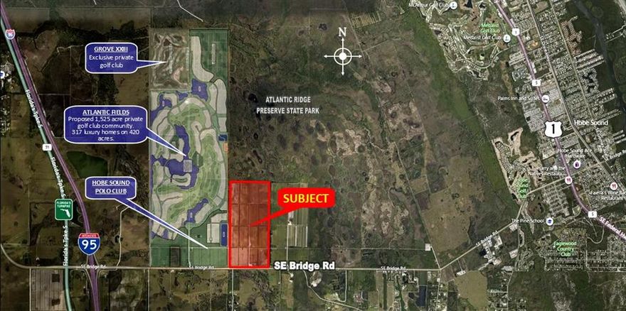 317 + acres of prime south Florida farmland. Prestigious Hobe Sound location. Land has drainage and irrigation in place. SFWMD general use permits and water use permits are current. Property is 1.75 miles east of Exit 96 / I-95interchange on SR 708 (Bridge Road). Property adjoins the newly proposed Atlantic Fields and Polo Club development,also Michael Jordan's Grove XXIII private golf club. Atlantic Fields is a 317 unit high end golf development being developed by Discovery Land Company, one of the worlds top resort developers
