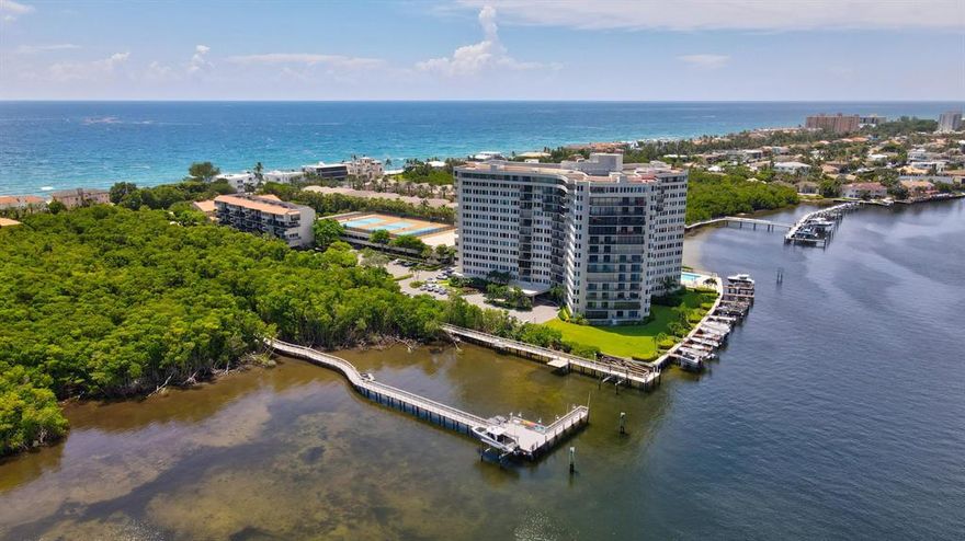 Luxury living in Highland Beach! Be the first to live in this stunning renovated two bedroom two bathroom waterfront condo. Enjoy South facing views of the intracoastal waterway, ocean and beautiful estates along A1A, watch boats go by all day from your private balcony off the living room. The entire unit is equipped with impact windows and doors, beautiful porcelain floors, flush LED lighting and top of the line finishes. The custom kitchen includes quartz countertops and backsplash, eat-in bar area and stainless steel appliances. The dining room is perfect for entertaining with a custom bar including a 44 bottle wine refrigerator. Shiplap accents throughout. The elegant primary bedroom features large windows with extended views of  the intracoastal and A1A. The lavish primary bathroom includes a walk-in shower, floating double vanity with quartz top, oversized LED light mirror, tucked away is a full size washer/dryer for convenience. There are two closets in the primary, one walk-in custom closet and an additional closet. The second bedroom is perfect for guests, flex space or home office. The guest bathroom also includes a walk-in shower, floating vanity with quartz top and LED light mirror. Situated on 14 acres, Regency Highland is a 24/7 guard gated waterfront community with intracoastal and private beach access. Residents get to enjoy many amenities including beachfront tiki huts and lounge chairs, tennis, pickleball, two heated salt water pools, club room, fitness room,  garage parking and bicycle storage. The building has been recently renovated including concrete restoration completed, new balcony railings,  tastefully remodeled lobby and updated hallways. The storage unit is conveniently located on the same floor as the unit. Boat Dockage is individually owned and can be purchased or rented from Regency Highland residents.