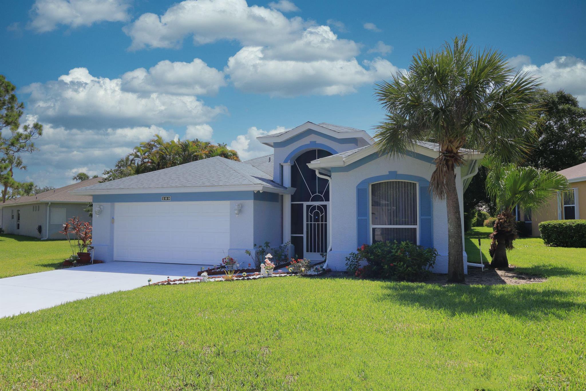 Stunning 2 bedroom + den two bath home in this popular active adult community in the heart of St Lucie West, Kings Isle offers an array of activities for all to enjoy. Home has been beautifully maintained with designer upgrades throughout. Double door entry invites you into a spacious open dining and formal living room complete with a cozy corner fireplace. Updated granite kitchen includes newer ss appliances, soft close cabinetry & a snack bar seating option. Lovely family room with slider access to relaxing screened lanai. Primary bedroom features a walk-in California closet. Both bathrooms have been completely remodeled with high end finishes. Freshly painted inside and out. Roof replaced 2017, HVAC 2016, hot water heater 2015. Enjoy carefree living for an exceptional value!