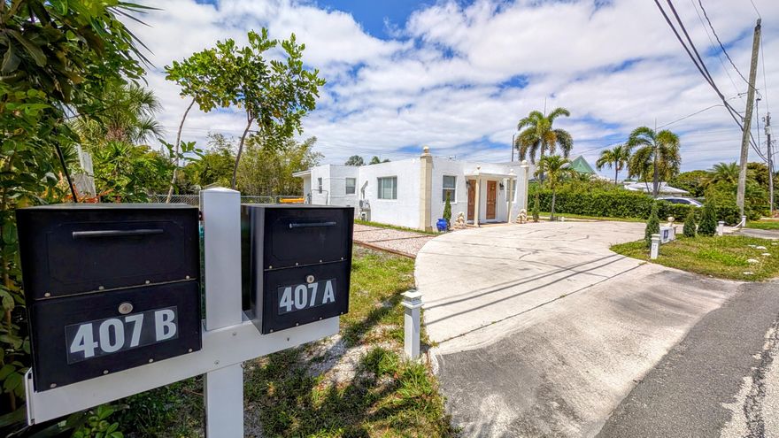 Rare opportunity in Boynton Beach! A duplex West of I-95 with cottage inspired interior, Mediterranean exterior. Just down the street: two great parks—one with open area, playground & basketball; the other with two tennis courts, basketball, playground & boat ramp to the Chain of Lakes. This 1,214 sq/ft duplex has two 1/1 units both feature fully renovated kitchens and bathrooms—move-in ready for owners or tenants. Massive backyard on a 12,105 sq ft lot—perfect for a lush food forest, a glamping tiny house on wheels for vacation rental income, or endless outdoor fun. Strong rental potential + recreation + possibilities galore. Minutes to beaches, dining & shopping. Don't miss this gem! Schedule your showing today! (Foo dogs do not convey with sale). Owner Agent