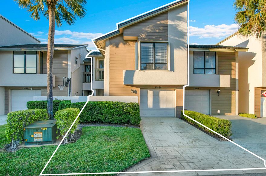 Beautifully updated and spacious townhome in the heart of Central Boca Raton, offering a light-filled open layout with a gourmet kitchen featuring granite countertops, oversized breakfast bar, custom wood cabinetry, and modern recessed and pendant lighting. Highlights include a wood-burning fireplace, vaulted ceilings, crown molding, plantation shutters, French doors, solid wood staircase, tile flooring on the main level and laminate upstairs. The primary suite features a large walk-in closet, French doors to a private terrace, dual vanities, and a spa-style soaking tub. Additional features include an upstairs loft ideal for an office or lounge, three full baths, inside laundry, central vacuum, and a spacious one-car garage, all within the highly sought-after Verde School district.