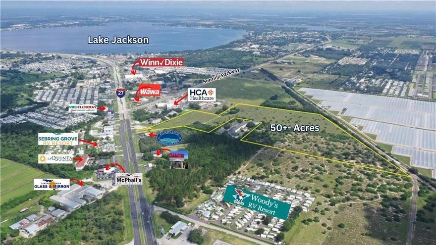 50+ Acres of Commercial Development Potential; Exceptional investment opportunity: high-visibility C-1 zoned commercial land in a federally designated Opportunity Zone, offering significant tax incentives. Features direct frontage on US Hwy 27 w/add'l indirect access to Sebring Pkwy, positioned strategically between HCA Hospital & the Groves at Victoria Park Apartments. City water/sewer are already available, streamlining development. Site includes a 3,177 sq ft existing structure, ideal for repurposing as offices or site operations. North/South access to US 27, proximity to a major medical center, residential density, & nat'l retailers like Wawa, this location is primed for a wide range of commercial uses—from medical, retail, or mixed-use to office parks. Priced under $100,000/acre.