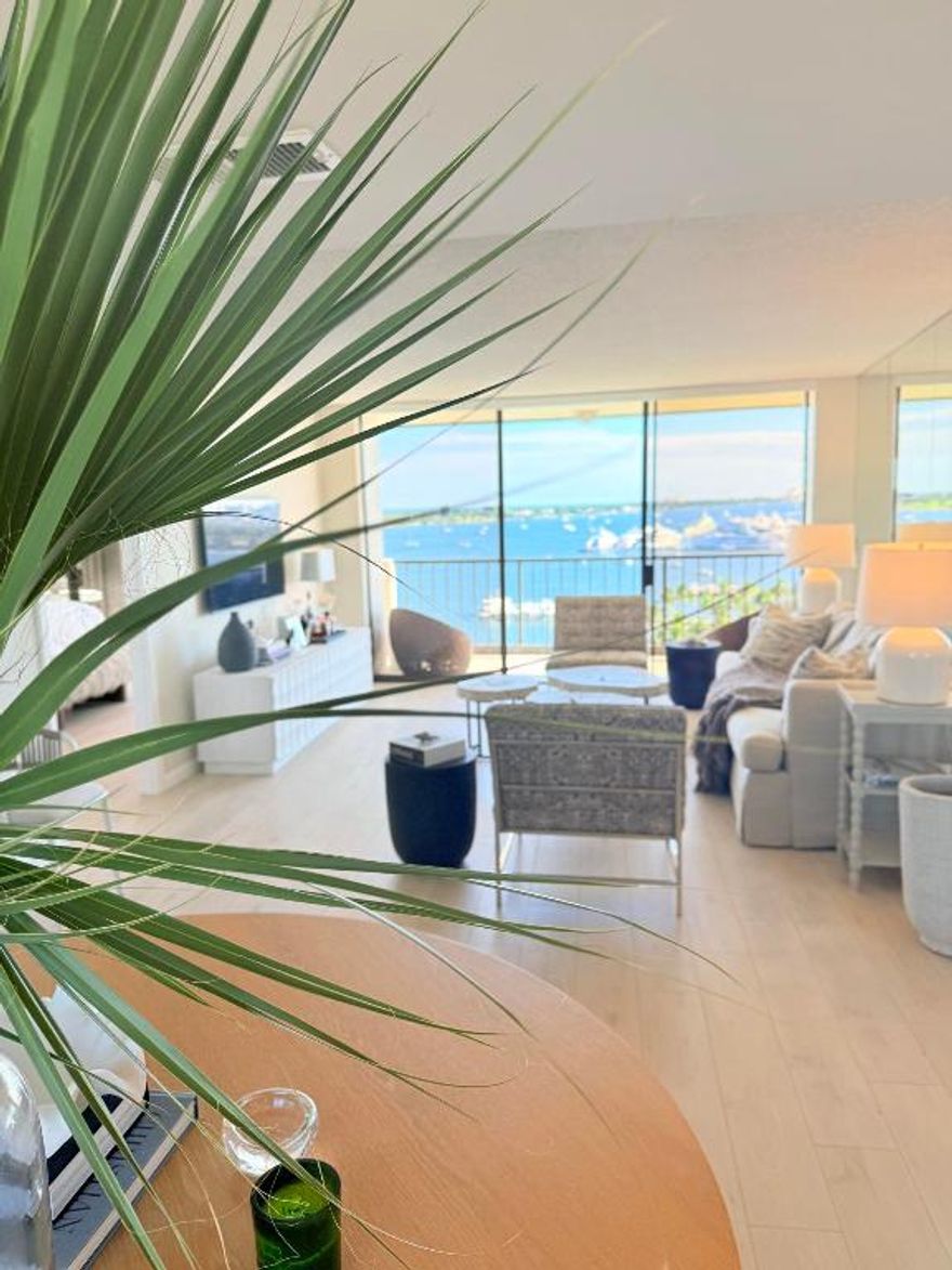 Experience refined coastal living in this beautifully updated two-bedroom condominium, perfectly positioned to capture the best views in West Palm Beach. This residence has been thoughtfully redesigned with a focus on style, comfort, and functionality.
The open-concept living area flows seamlessly onto a private balcony overlooking the shimmering Intracoastal Waterway — the perfect setting to enjoy morning coffee watching the sunrise over Palm Beach or evening sunsets over WPB, it has it all! The modern kitchen features sleek cabinetry, premium finishes, and stainless steel appliances. Both bedrooms are generously sized, offering expansive water views and ample closet space.