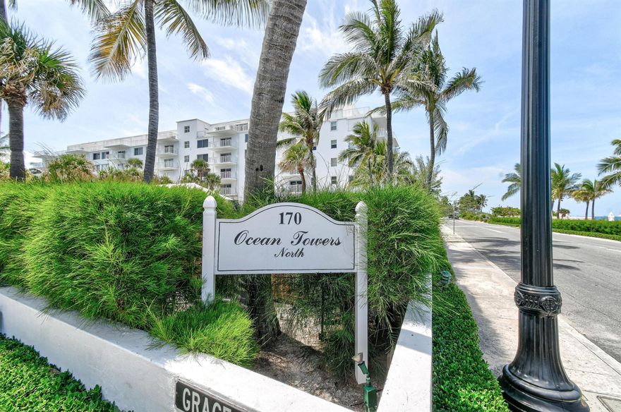 Ocean Towers North - Coastal chic. Timeless Nestled along approximately 300 feet of private beach, Ocean Towers North offers a great lifestyle Palm Beach lifestyle. Bask in the warm sea breezes and relax beneath swaying palm trees on the pristine sand and turquoise waters just steps from your door. This charming designed two-bedroom, two-bath residence features a spacious floor plan. The home includes an enclosed kitchen with Maytag appliances, double-glazed windows, and the original terrazzo flooring throughout. The terrace provides a glimpse of the ocean as well as views of the iconic Warden House on North Ocean Boulevard. The building has recently been completed important long term project The condo was last renovated in 2003.