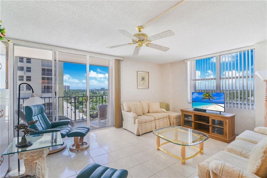 Enjoy beautiful ocean and Intracoastal views from the extended balcony of this lovely beachfront SW corner unit. Sold fully furnished, tiled throughout, huge walk-in closet in primary bedroom, Murphy bed in guest bedroom. Customize the kitchen as you would like it. Resort-like amenities for residents and their guests including 2 pools,  2 gyms, cafe serving breakfast and lunch, bar with flat screen TVs, bbq grills and picnic tables on the beach. Can rent immediately once per year. Cable, water, sewer included with monthly maintenance. Wonderful convenient location in newly revitalized Pompano Beach, walk to shopping, 4 star oceanfront dining, tiki bar, fishing pier, free electric transportation along the beach and so much more to come.