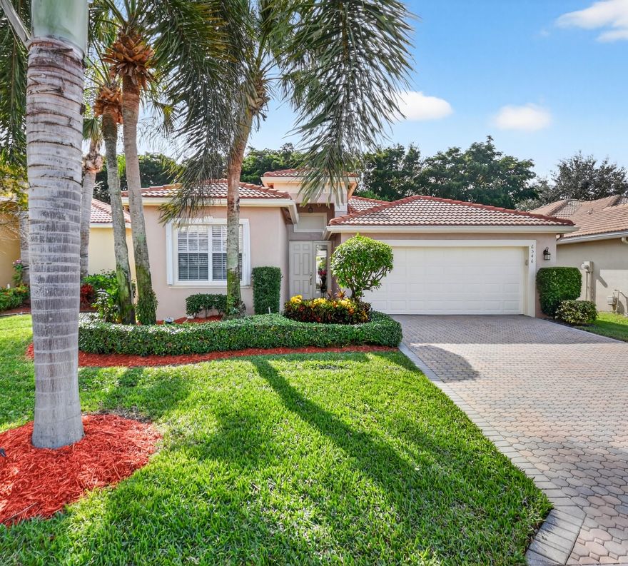 Lovely Victoria model, 3 BR/2BA/2 Car Garage/Large Private Backyard Room for a Pool/Newly Exterior Painted/Light & Bright Ranch split Bedroom home Open with Lovely Great Room. Dramatic 10' Ceilings increases air circulations & natural light. Gourmet kitchen cabinets are timeless creating warm, elegant & stunning modern look. Most desirable southern backyard offers sunlight streaming into the home throughout the day creating a more vibrant & inviting atmosphere. Maintenance includes: Internet, lawn, exterior paint, SHO/HBO & alarm. 1X capital contribution $5,090.00. 3rd bedroom used as den. Buyer/Buyers agent to verify all information. Measurement are estimated. Most desirable 55+ Community in Delray Beach. Can't Beat This Location!!!Gorgeous Palm Trees line the streets of Valencia Palms.