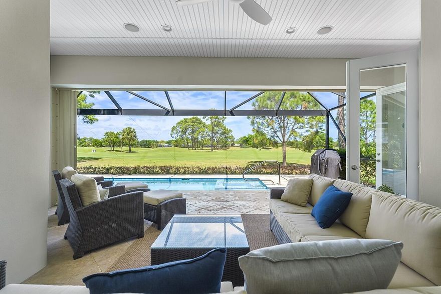 Luxury golf course pool home offering sweeping views across three fairways from your seamless screened in pool perfectly positioned on the 10th fairway. This well-maintained residence offers a desirable country club lifestyle with spacious living area, en-suite baths in every bedroom, and a flex-room ideal for office, den, or guest suite. Salt water pool with gas heater completed in 2021. Attention to detail throughout with pride of ownership evident. Perfect for golf enthusiasts, seasonal residents, or full-time buyers seeking resort-style living, scenic views, and an active community atmosphere. Move-in ready and ideal for buyer looking for golf, privacy, and Florida luxury living. Audubon International Certified Signature Sanctuary. Room sizes approx. NEW ROOF BEING INSTALLED IN MAY.