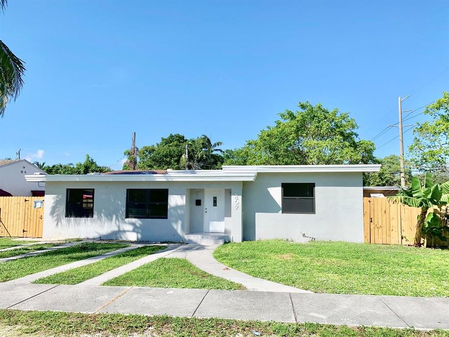 CORNER DOUBLE LOT!!  Great for Entertaining with the Private Fenced in Yard.  Fully renovated 3 bedroom 2 bathroom corner lot home.  New flooring throughout, new kitchen cabinets, counters, hardware, and new kitchen appliances to be installed for buyer. Bathrooms feature new vanities, quartz tops, new tile and fixtures.  Freshly painted inside and outside.  PGT hurricane rated impact windows.  New roof currently being permitted and installed. NO HOA.  Move in ready.
