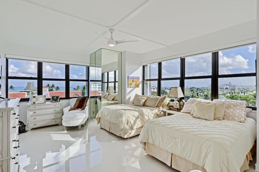 3BR CORNER PENTHOUSE Ocean and Intracoastal Views: Experience unparalleled luxury in this meticulously renovated 3-bedroom corner penthouse, offering expansive ocean and Intracoastal vistas. Boasting a larger floor plan and high ceilings, this residence epitomizes sophistication. Located in the prestigious La Palma Palm Beach, a full-service building with extensive amenities, including abundant guest parking, 24-hour doorman, on-site management, manicured gardens, a heated saltwater pool, outdoor barbecue area, sauna, fitness center, and deeded beach access. In-unit laundry. Additionally, La Palma offers a unique 2-bedroom guest suite available for rental by unit owners, perfect for accommodating overflow guests.  2023/2024 roof, seawall and elevators.