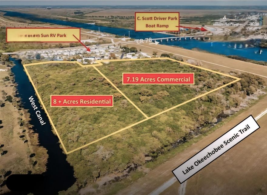 OWNER FINANCE with low monthly payment is an easy option - 16 ACRES BUCKHEAD RIDGE. Two buildable parcels of land which run along Levee 48 south of SR 78 at the Kissimmee River (canal 38). Side-by-side are 8.66 Acres zoned RESIDENTIAL & 7.01 Acres zoned COMMERCIAL/CRV. Parcel has 6'' watermain pipe, thus allowing buyer to erect park model homes or RV Park. Functioning hydrant.  No special assessments, liens, encumbrances or wetlands. Majority of trees and brush were recently cleared in August 2025. Highly coveted for investors who see the value in this location as infrastructure is ever-increasing in Glades County. Okee-Tantie's future for the Bass Pro Resort & Marina, just over the levee in Okeechobee County, is nearing its contract closing to begin the spectacular development.