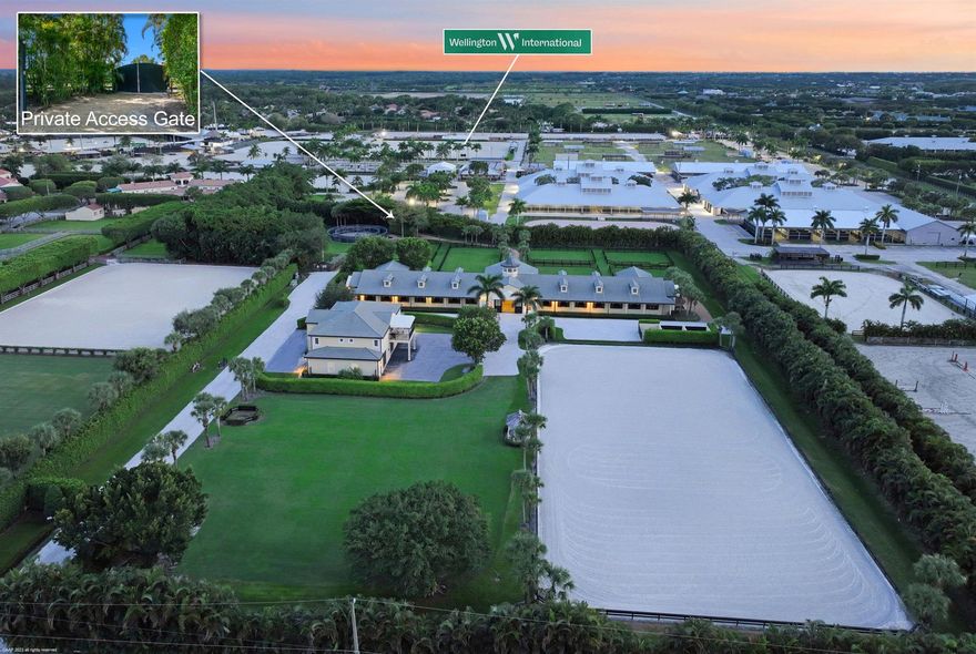 Impeccable 5.29 acre farm adjoining the Wellington International Showgrounds.You cannot get any closer to the horse show than this. 24 stalls including two oversized double stalls. Lavish owners' lounge, 2 offices, laundry with commercial washer and dryer, large tack room, feed room, indoor wash stalls, and storage rooms. A large and separate storage garage along with three dog runs complete the barn amenities. Staff quarters include a 4-bedroom apartment with full kitchen, living room, laundry room and 4 bedrooms each with en-suite bath and kitchenette area. Professional riding and training facilities include a large all-weather arena plus grass field, 6 grass paddocks including a stallion paddock, and 4-horse walker.