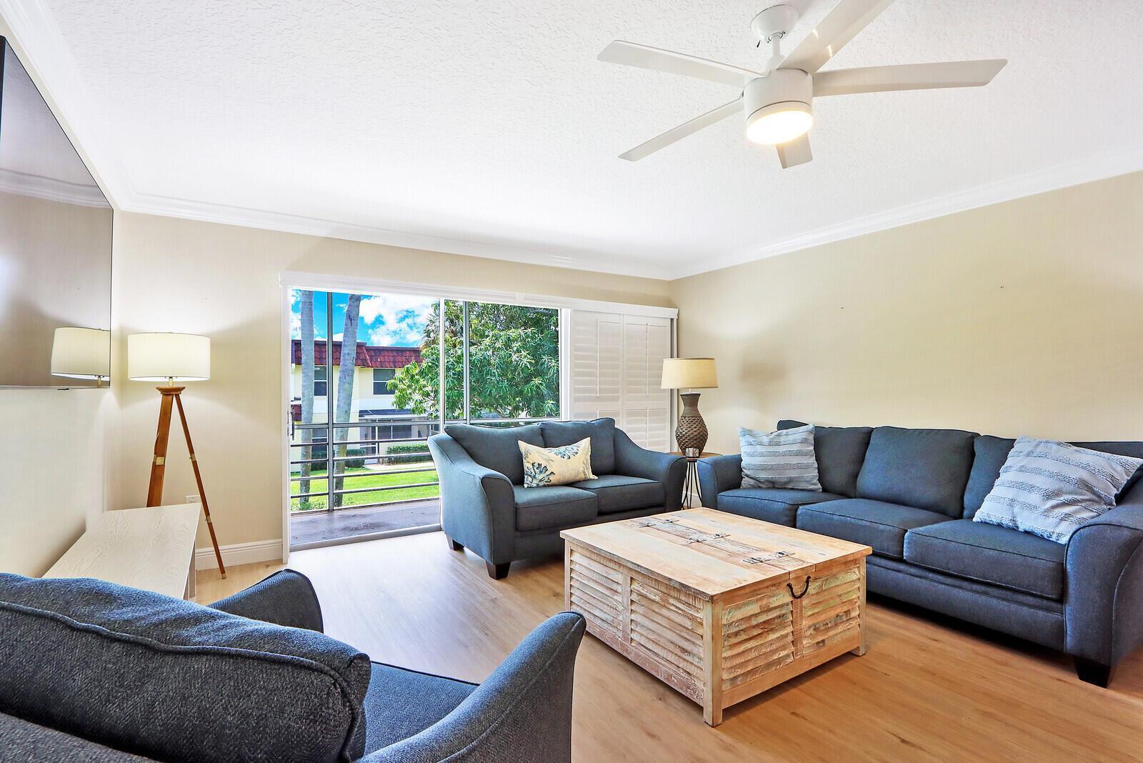 Annual Furnished Rental - $3,500! Perfectly Furnished 3 bedroom, 2 bath, 2nd fl condo available for annual lease. Renovated kitchen for open floor plan, stainless steel appliances, granite counters, vinyl flooring throughout with both bathrooms upgraded as well. Access to screened lanai from Main Bedroom and Living room to enjoy the garden view. Main bedroom has a king bed, 2nd bedroom has a queen and 3rd bedroom has 2 twins. Villas on the Green has a heated pool, tennis courts and private entrance to Carlin Park and the heart trail. You just need to bring your suit and flip flops so you can walk to the beach.