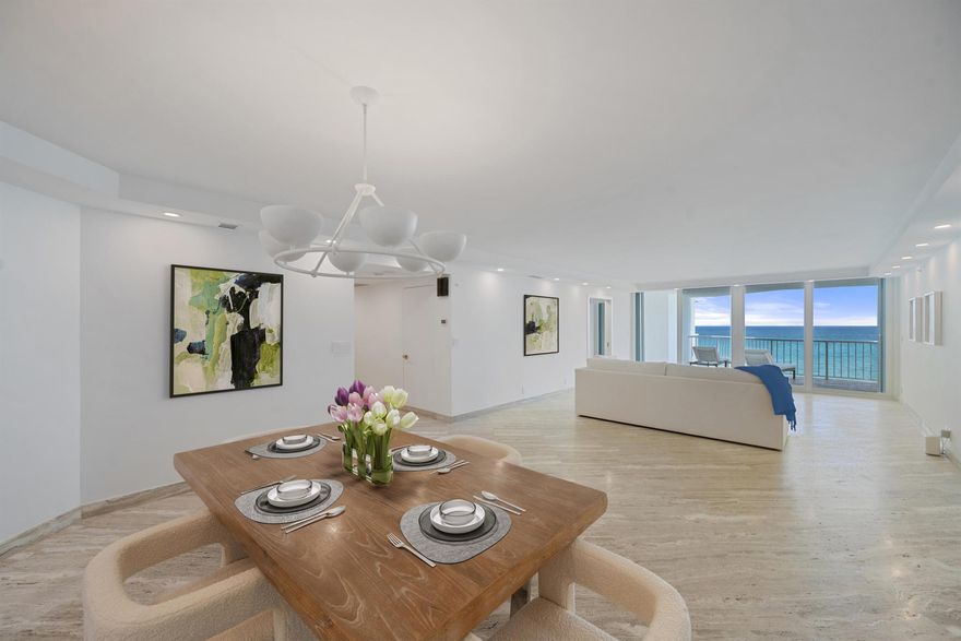 Step into this stunning 6th-floor residence at The Enclave's North Building, where southern exposure floods the space with natural light and showcases sweeping views of the ocean, pool, and Intracoastal. This beautifully renovated home features hurricane-impact doors, silver travertine floors, white cabinetry, stainless steel appliances, and upgraded lighting. The Enclave is a pet-friendly oceanfront community offering 24/7 gated security, doormen, a resort-style pool, a new fitness center, renovated lobbies, and a furnished 2BR guest suite for owners.