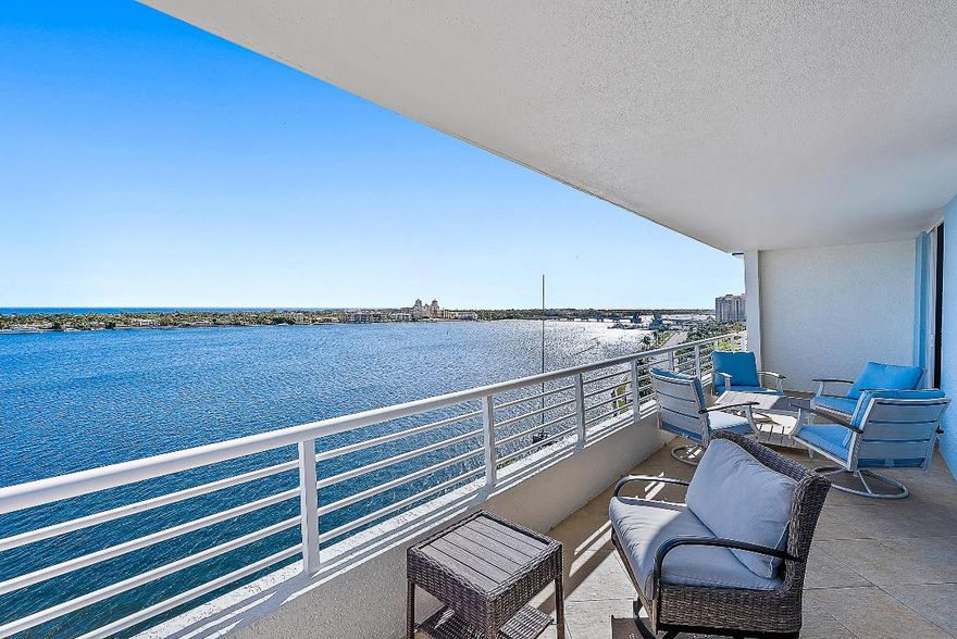 Truly remarkable views of the intracoastal, the island of Palm Beach, and the azure blue Atlantic. This floor plan offers the largest tiled balcony for dining, cocktailing,& relaxing. Gorgeous water views from the master bedroom and
main living area. This is a recently painted corner unit, has impact glass complete, 2 deeded adjoining garage parking spaces, inside laundry, crown molding & marble floors throughout, granite countertops, electric shades in the master & family room, manual blackout shades in the guestrooms, and 2019 new appliances. This smartly contemporary building offers sunrise and sunset heated infinity pools, jacuzzi, fitness center, business center, function/club room with billiards and bar, zen garden, as well as onsite management, concierge, & valet parking Price includes most furniture, so you'll be ready for this season!