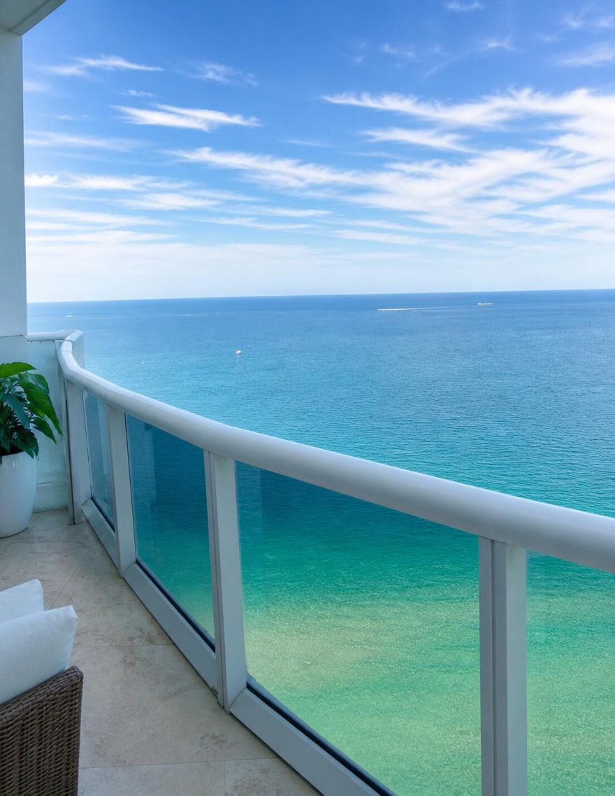PH at Trump Tower III, Sunny Isles Beach,  2 bedrooms + den / 3 en-suite bathrooms.  Private Elevator Entrance walk into 15+ft ceilings and relax with a panoramic SE Ocean Breeze & Views It has it all! Ocean, Intracoastal & Haulover Bay. A Bright open layout with floor-to-ceiling glass and oversized balcony. Premium kitchen, Sub-zero refrigerator, Bosch built-in coffee maker, Wolf oven & range with premium cabinetry. Spacious primary suite with walk-in closet and spa-style duel bath & bidet. Split 2nd bedroom en-suit and walk in closet with balcony access. The Den can be used as a third bedroom /office with en-suite bath.  Full-service oceanfront building with resort-style amenities including beach service, restaurant, pool, fitness center, concierge, and valet.