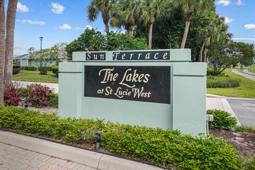 Sun Terrace at the Lakes at St. Lucie West - 2 bedroom, 2 bath Villa in Desirable St. Lucie West. Villa has an ***Open Floor Plan*** KItchen opens up to the Living/Dining Area. Mirrored Closet Doors in Bedrooms with built-in shelves. Tile in Kitchen and Bathrooms, Laminate Flooring everywhere else. Kitchen has SS Appliances & LED Lighting. Huge screened Courtyard creates additional living space to enjoy the private garden view and large yard space.   A/C replaced 08/2020. Sun Terrace is within walking distance to Publix, Restaurants, Banks & LA Fitness.