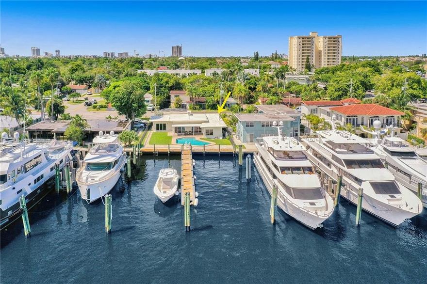 Unique property featuring leased office building and two mega yacht slips accommodating vessels up to approx. 120'.  Perfect location for large yachts. No fixed bridges. Nestled between Sunrise Key and Sunrise Intracoastal where the Middle River flows to the Intracoastal waterway. Building went thru major renovation in 2014.  All new electric, roof, impact windows and doors plus 85' foot pier.  The two dock spaces are 31' wide.  There are separate electric meters for the building and both boat slips. Gross income = $200,000.